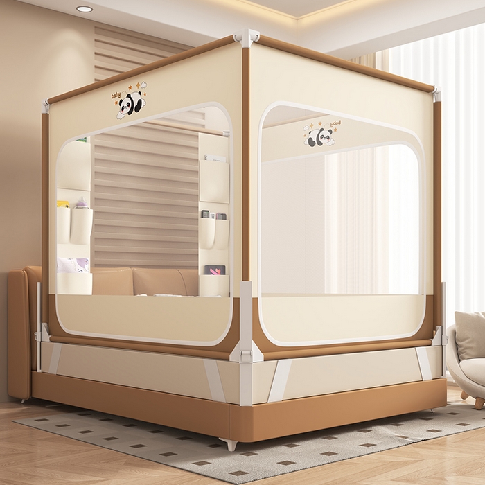 91家纺网 家纺一手货源 找家纺 无瑕家居 2026新款擎天柱护栏支架三开门坐床蚊帐-熊猫 熊猫-卡其+咖