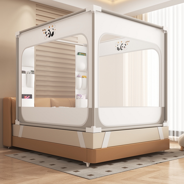 91家纺网 家纺一手货源 找家纺 无瑕家居 2026新款擎天柱护栏支架三开门坐床蚊帐-熊猫 熊猫-白+灰