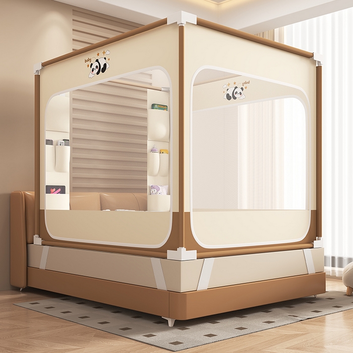 91家纺网 家纺一手货源 找家纺 无瑕家居 2026新款擎天柱护栏支架三开门坐床蚊帐-熊猫 熊猫-卡其+咖