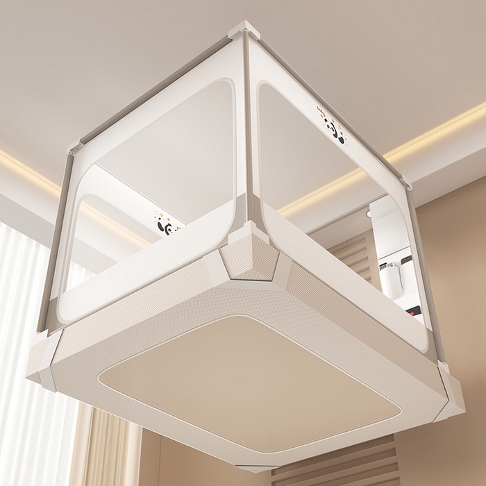 91家纺网 家纺一手货源 找家纺 无瑕家居 2026新款擎天柱护栏支架三开门坐床蚊帐-熊猫 熊猫-白+灰