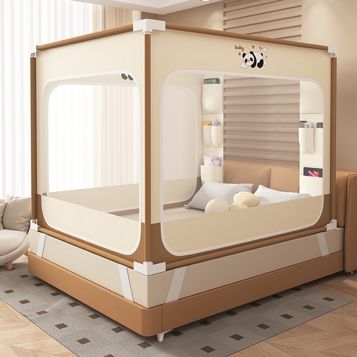 无瑕家居 2026新款擎天柱护栏支架三开门坐床蚊帐-熊猫 熊猫-卡其+咖