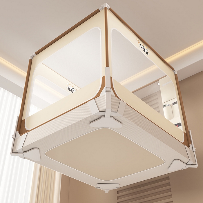 91家纺网 家纺一手货源 找家纺 无瑕家居 2026新款擎天柱护栏支架三开门坐床蚊帐-熊猫 熊猫-卡其+咖