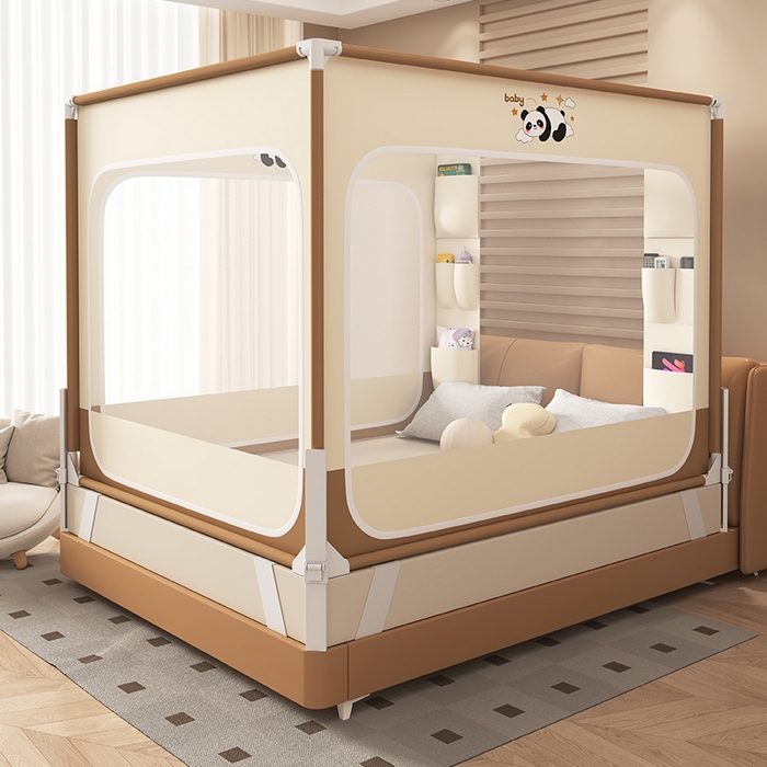 91家纺网 家纺一手货源 找家纺 无瑕家居 2026新款擎天柱护栏支架三开门坐床蚊帐-熊猫 熊猫-卡其+咖