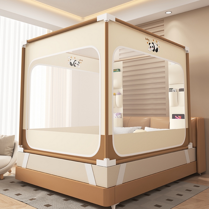 91家纺网 家纺一手货源 找家纺 无瑕家居 2026新款擎天柱护栏支架三开门坐床蚊帐-熊猫 熊猫-卡其+咖