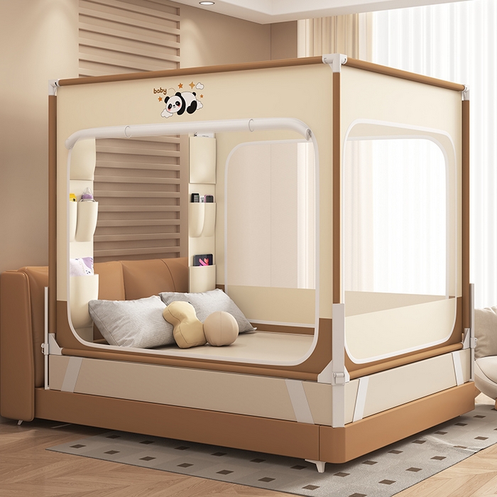 91家纺网 家纺一手货源 找家纺 无瑕家居 2026新款擎天柱护栏支架三开门坐床蚊帐-熊猫 熊猫-卡其+咖