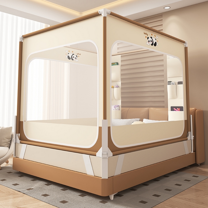 91家纺网 家纺一手货源 找家纺 无瑕家居 2026新款擎天柱护栏支架三开门坐床蚊帐-熊猫 熊猫-卡其+咖