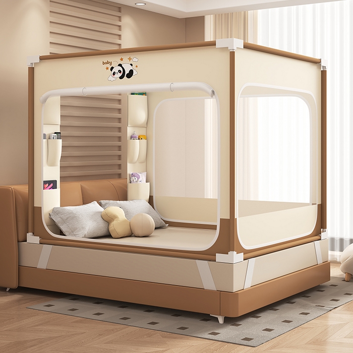91家纺网 家纺一手货源 找家纺 无瑕家居 2026新款擎天柱护栏支架三开门坐床蚊帐-熊猫 熊猫-卡其+咖