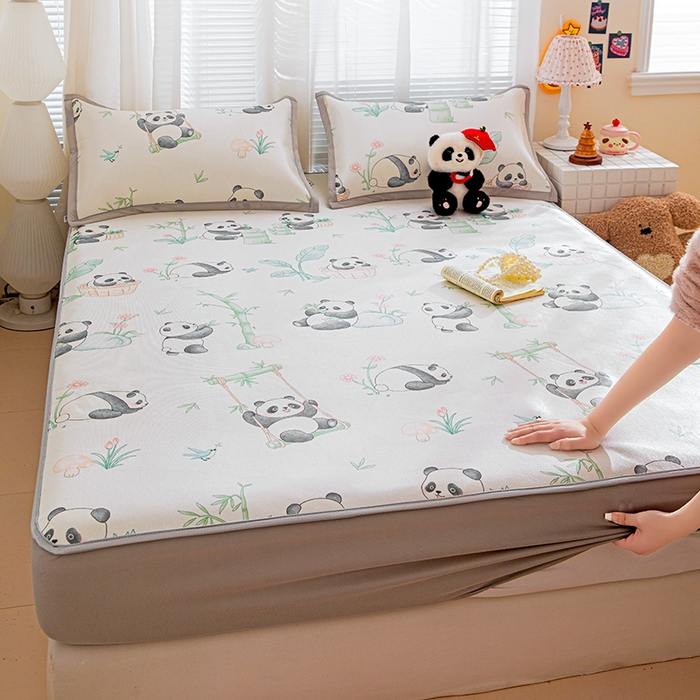 91家纺网 家纺一手货源 找家纺 富馨莱 2026新款冰丝凉席床笠款凉席席子支持一件定制定做 快乐熊猫