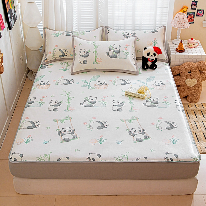 91家纺网 家纺一手货源 找家纺 富馨莱 2026新款冰丝凉席床笠款凉席席子支持一件定制定做 快乐熊猫