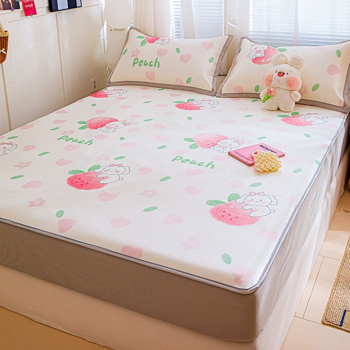 91家纺网 家纺一手货源 找家纺 富馨莱 2026新款冰丝凉席床笠款凉席席子支持一件定制定做 蜜桃兔