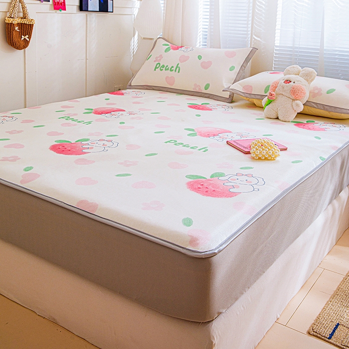 91家纺网 家纺一手货源 找家纺 富馨莱 2026新款冰丝凉席床笠款凉席席子支持一件定制定做 蜜桃兔