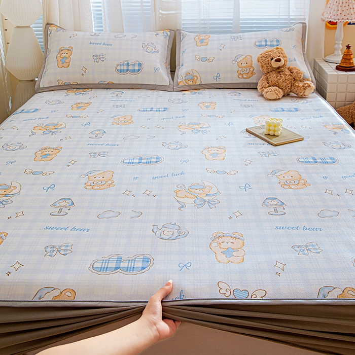 91家纺网 家纺一手货源 找家纺 富馨莱 2026新款冰丝凉席床笠款凉席席子支持一件定制定做 晚安小熊