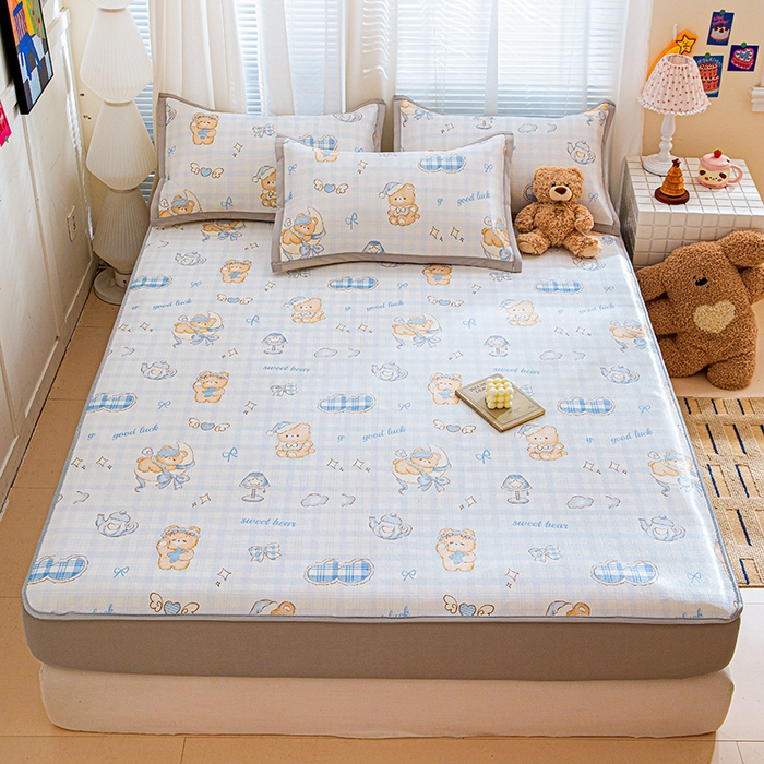 91家纺网 家纺一手货源 找家纺 富馨莱 2026新款冰丝凉席床笠款凉席席子支持一件定制定做 晚安小熊