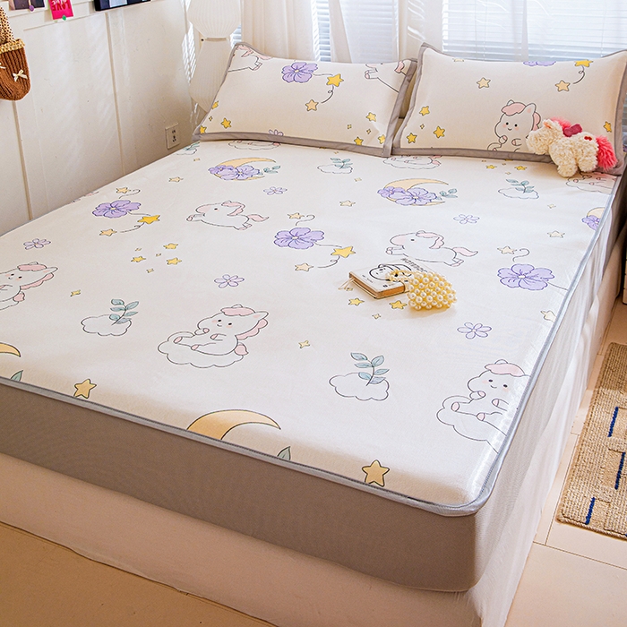 91家纺网 家纺一手货源 找家纺 富馨莱 2026新款冰丝凉席床笠款凉席席子支持一件定制定做 星星小马-白