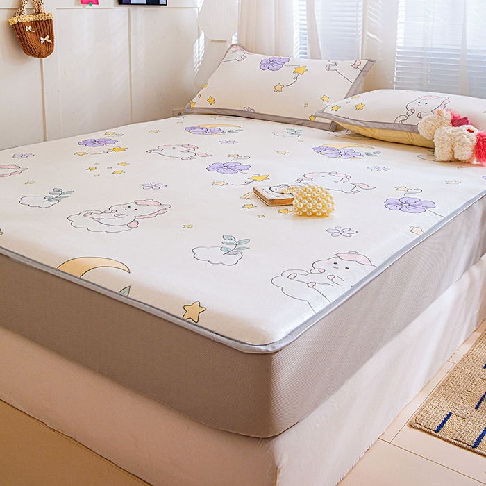 91家纺网 家纺一手货源 找家纺 富馨莱 2026新款冰丝凉席床笠款凉席席子支持一件定制定做 星星小马-白