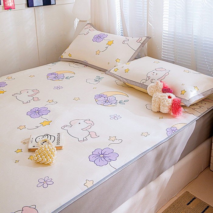 91家纺网 家纺一手货源 找家纺 富馨莱 2026新款冰丝凉席床笠款凉席席子支持一件定制定做 星星小马-白