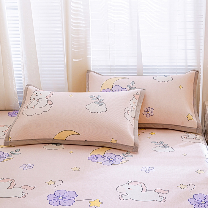 91家纺网 家纺一手货源 找家纺 富馨莱 2026新款冰丝凉席床笠款凉席席子支持一件定制定做 星星小马-粉