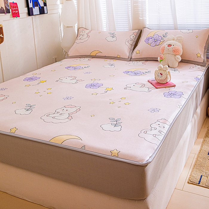 91家纺网 家纺一手货源 找家纺 富馨莱 2026新款冰丝凉席床笠款凉席席子支持一件定制定做 星星小马-粉