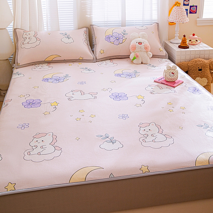 91家纺网 家纺一手货源 找家纺 富馨莱 2026新款冰丝凉席床笠款凉席席子支持一件定制定做 星星小马-粉