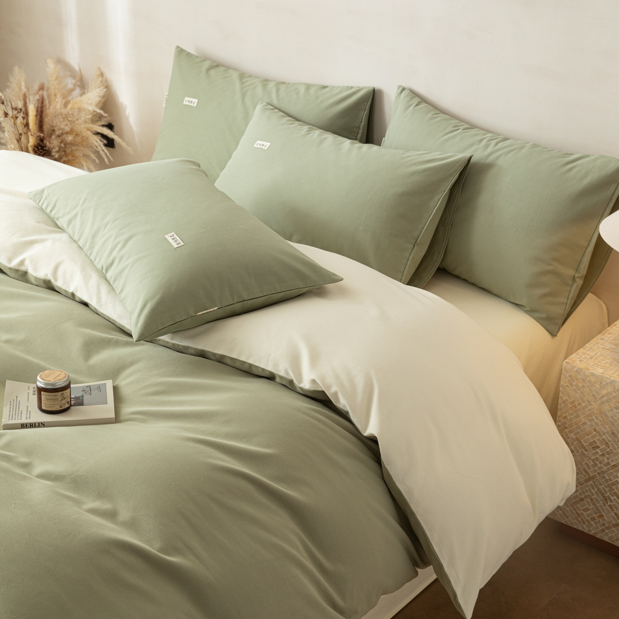 91家纺网 家纺一手货源 找家纺 眠博士 2026新款A类纯色全棉磨毛四件套-陶瓷 套件-陶瓷草绿+奶白