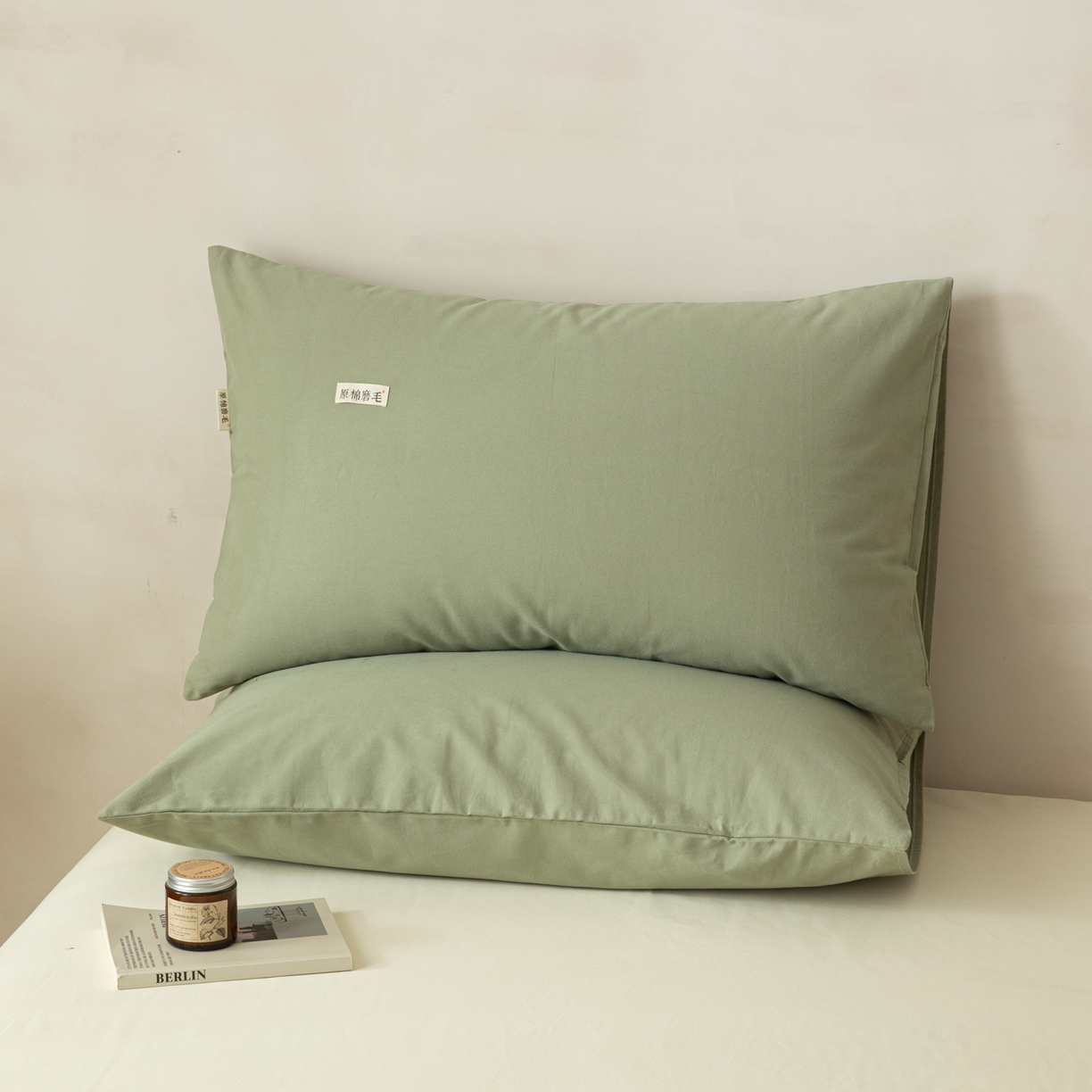 91家纺网 家纺一手货源 找家纺 眠博士 2026新款A类纯色全棉磨毛四件套-陶瓷 套件-陶瓷草绿+奶白