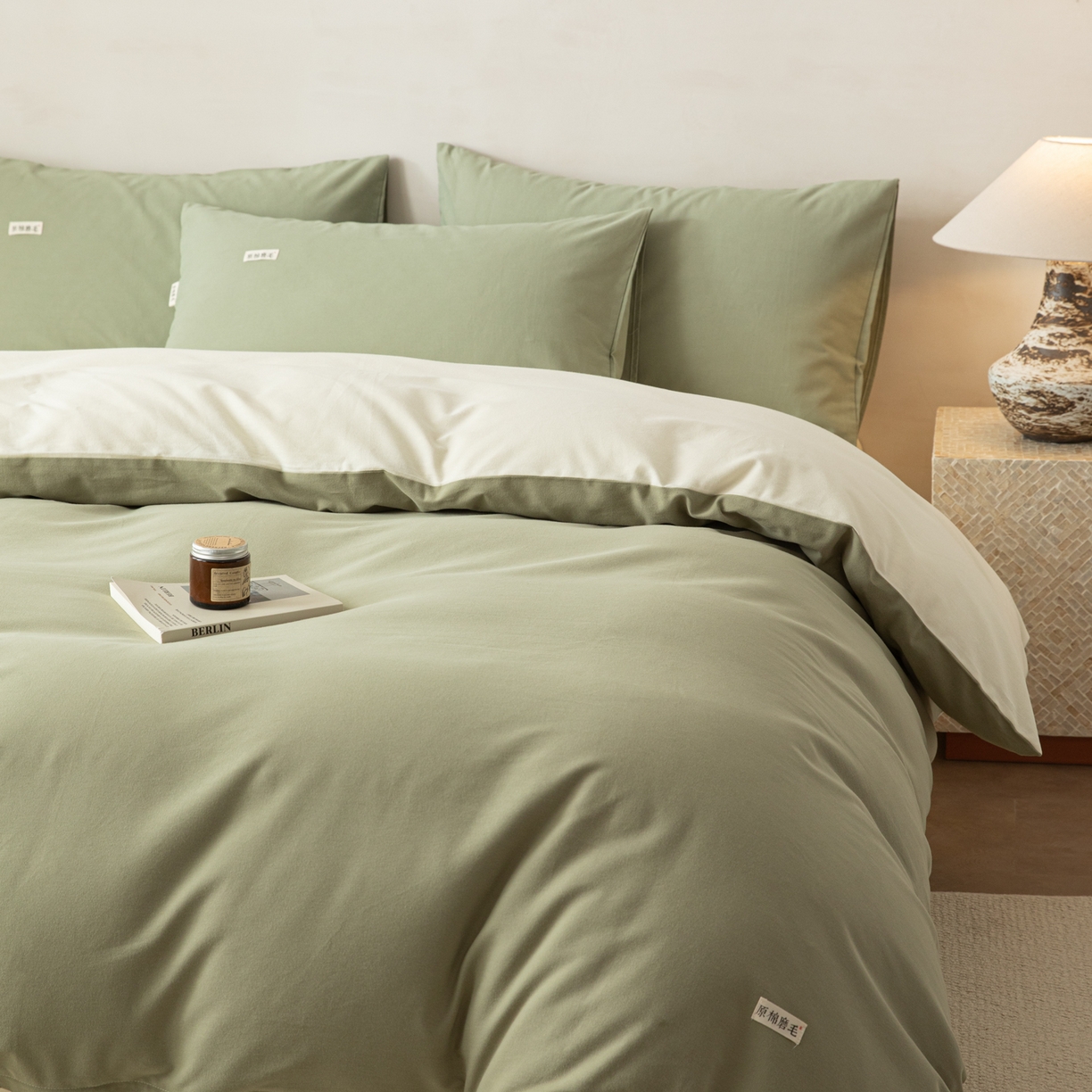 91家纺网 家纺一手货源 找家纺 眠博士 2026新款A类纯色全棉磨毛四件套-陶瓷 套件-陶瓷草绿+奶白