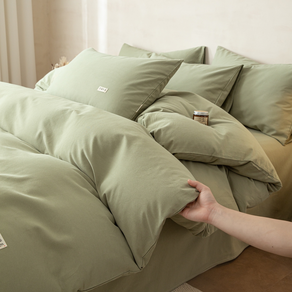 91家纺网 家纺一手货源 找家纺 眠博士 2026新款A类纯色全棉磨毛四件套-陶瓷 套件-陶瓷草绿
