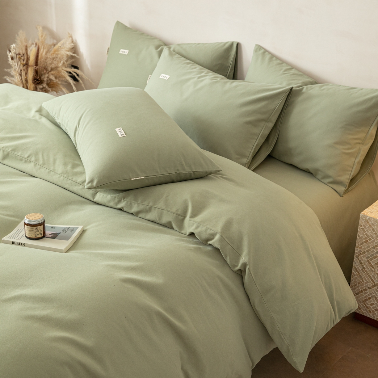 91家纺网 家纺一手货源 找家纺 眠博士 2026新款A类纯色全棉磨毛四件套-陶瓷 套件-陶瓷草绿