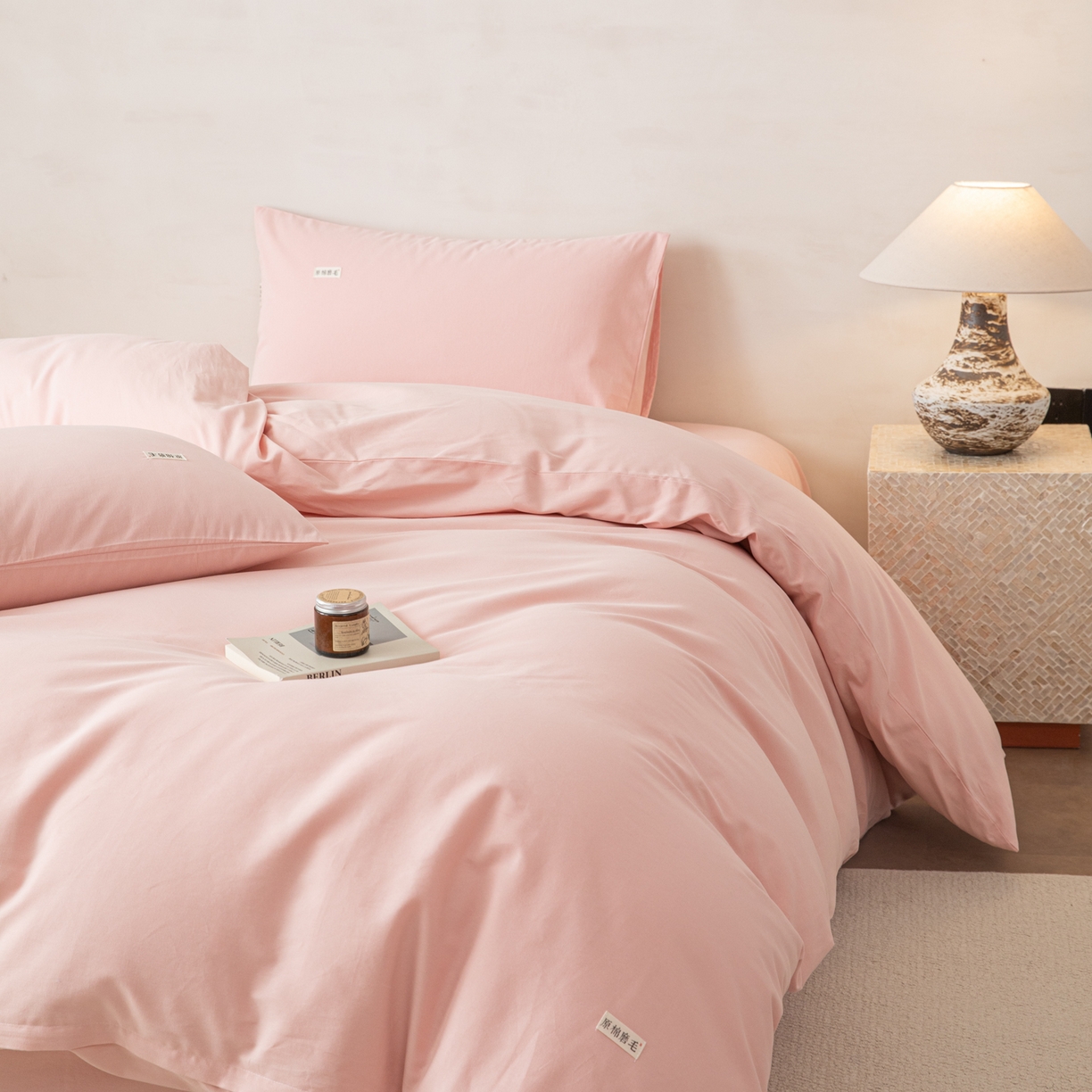 91家纺网 家纺一手货源 找家纺 眠博士 2026新款A类纯色全棉磨毛四件套-陶瓷 套件-陶瓷粉