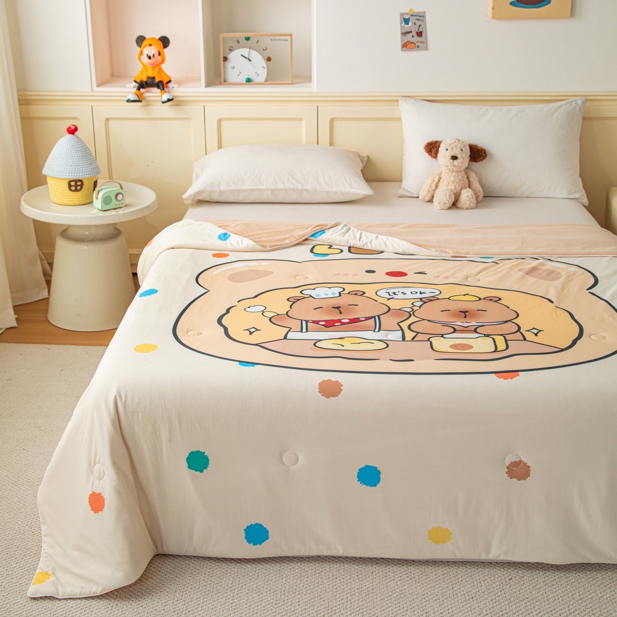 91家纺网 家纺一手货源 找家纺 亿莱鑫 2026春夏新款卡通印花仿锦氨夏被夏凉被空调被 熊仔面包店