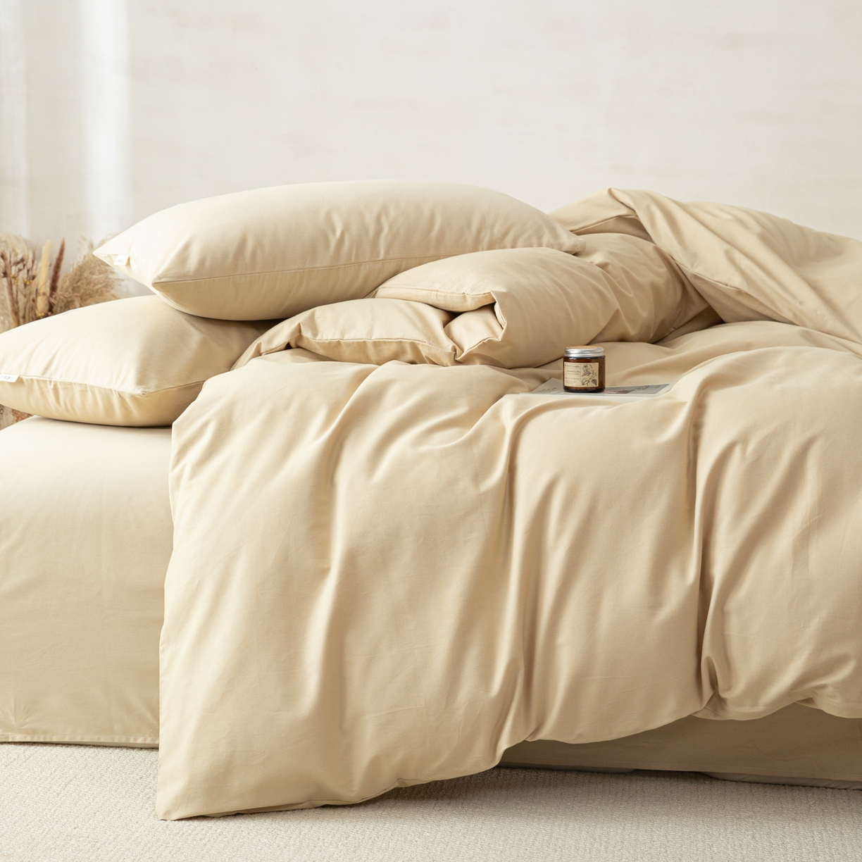 91家纺网 家纺一手货源 找家纺 眠博士 2026新款A类纯色全棉磨毛四件套-陶瓷 套件-陶瓷杏