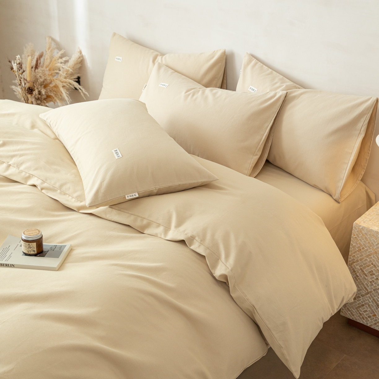 91家纺网 家纺一手货源 找家纺 眠博士 2026新款A类纯色全棉磨毛四件套-陶瓷 套件-陶瓷杏