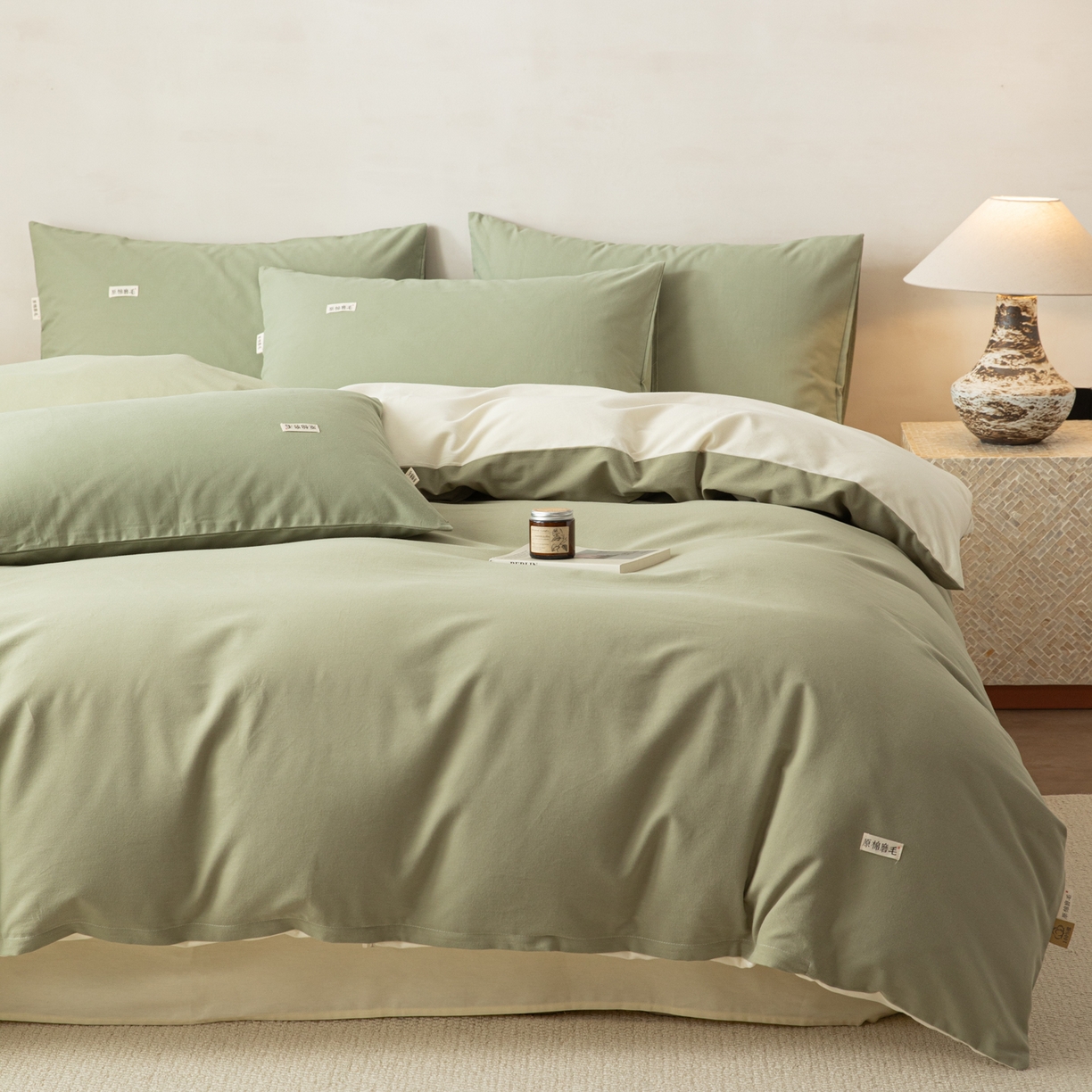 91家纺网 家纺一手货源 找家纺 眠博士 2026新款A类纯色全棉磨毛四件套-陶瓷 套件-陶瓷草绿+奶白