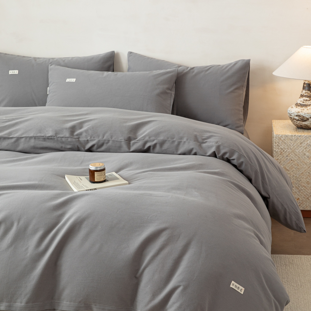 91家纺网 家纺一手货源 找家纺 眠博士 2026新款A类纯色全棉磨毛四件套-陶瓷 套件-陶瓷深灰
