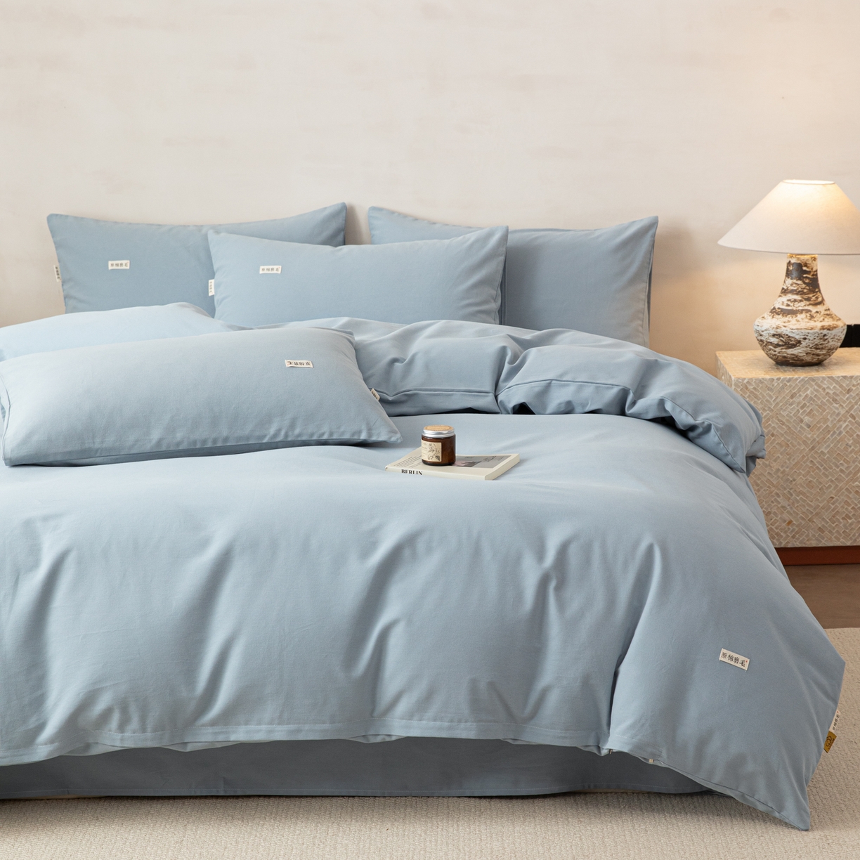 91家纺网 家纺一手货源 找家纺 眠博士 2026新款A类纯色全棉磨毛四件套-陶瓷 套件-陶瓷浅蓝