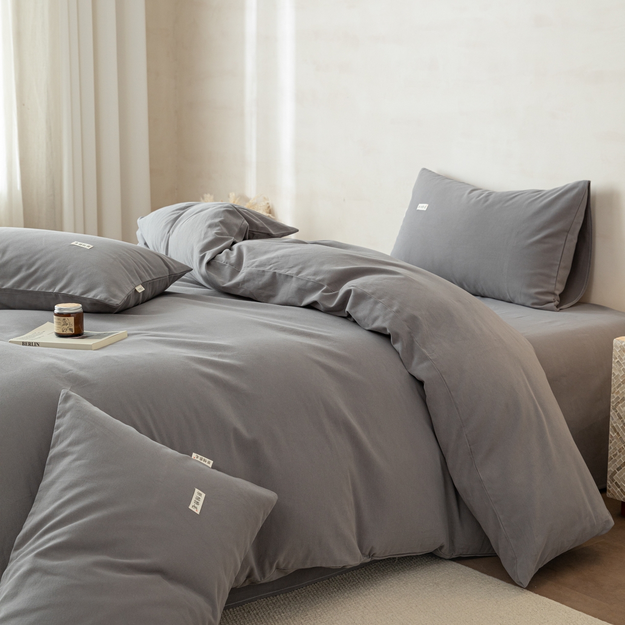 91家纺网 家纺一手货源 找家纺 眠博士 2026新款A类纯色全棉磨毛四件套-陶瓷 套件-陶瓷深灰