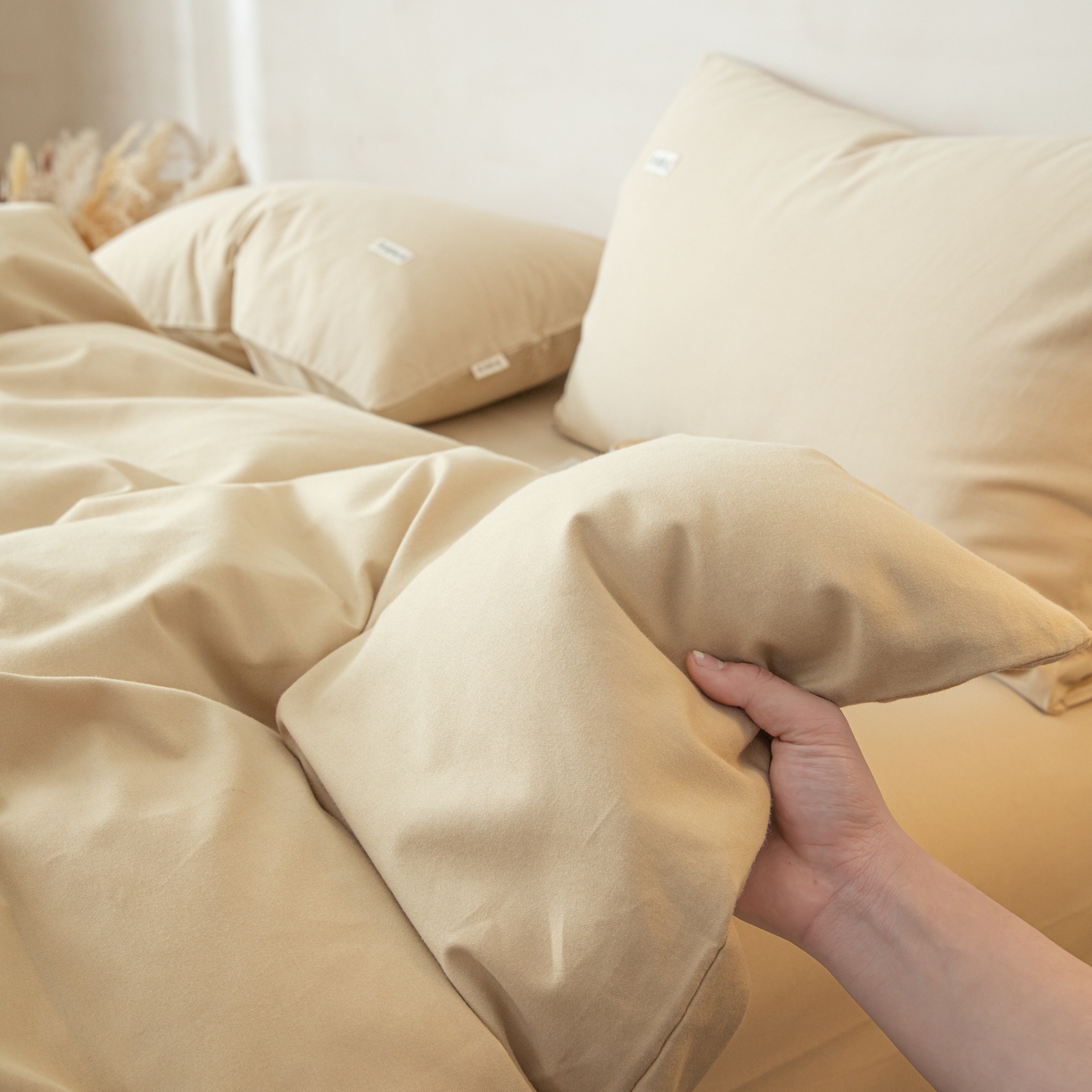 91家纺网 家纺一手货源 找家纺 眠博士 2026新款A类纯色全棉磨毛四件套-陶瓷 套件-陶瓷杏