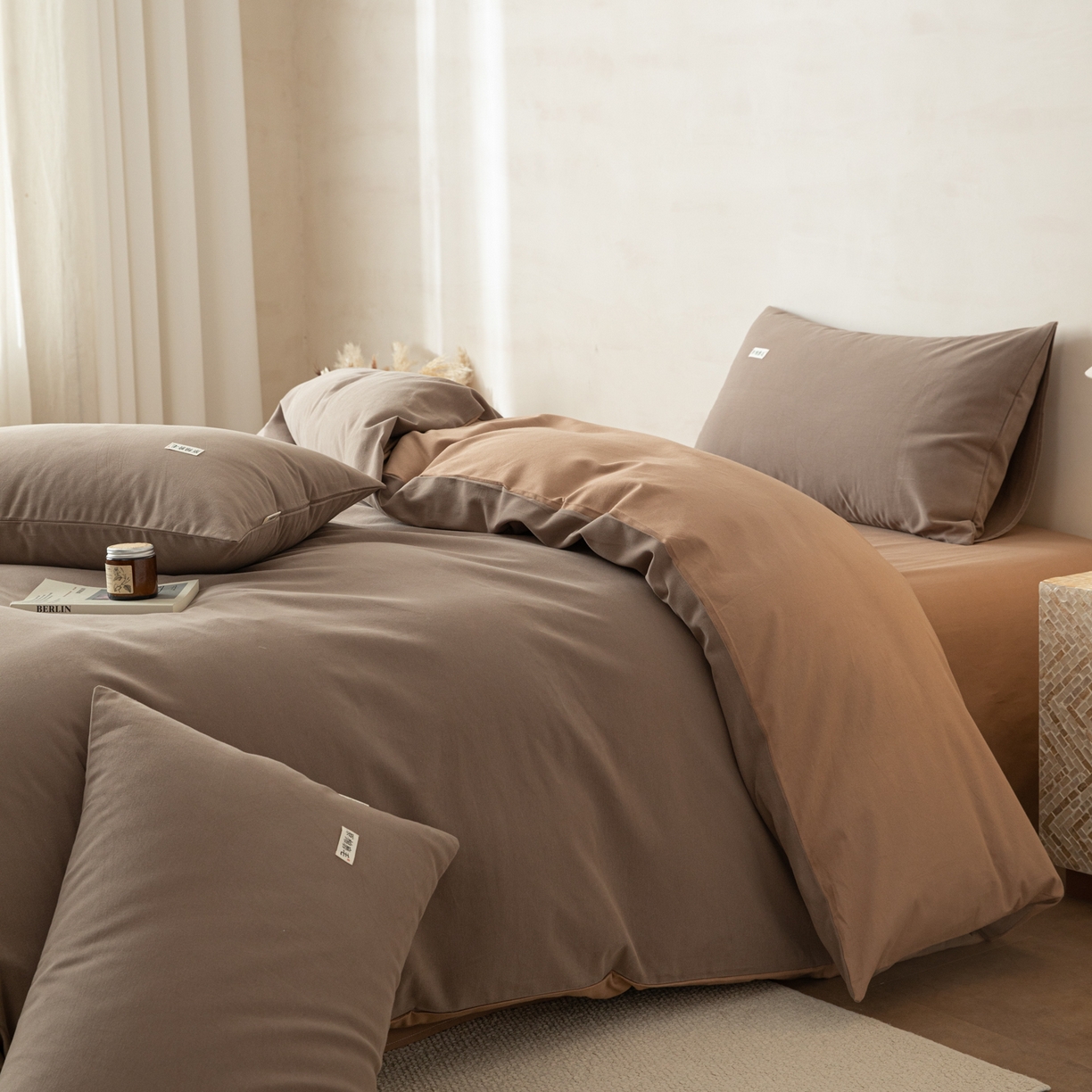 91家纺网 家纺一手货源 找家纺 眠博士 2026新款A类纯色全棉磨毛四件套-陶瓷 套件-陶瓷咖+卡其