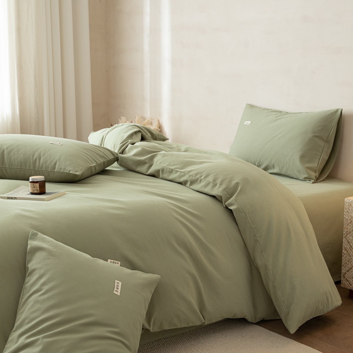 91家纺网 家纺一手货源 找家纺 眠博士 2026新款A类纯色全棉磨毛四件套-陶瓷 套件-陶瓷草绿