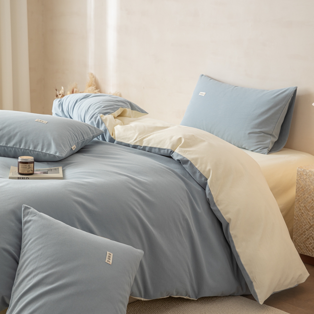 91家纺网 家纺一手货源 找家纺 眠博士 2026新款A类纯色全棉磨毛四件套-陶瓷 套件-陶瓷浅蓝+奶白