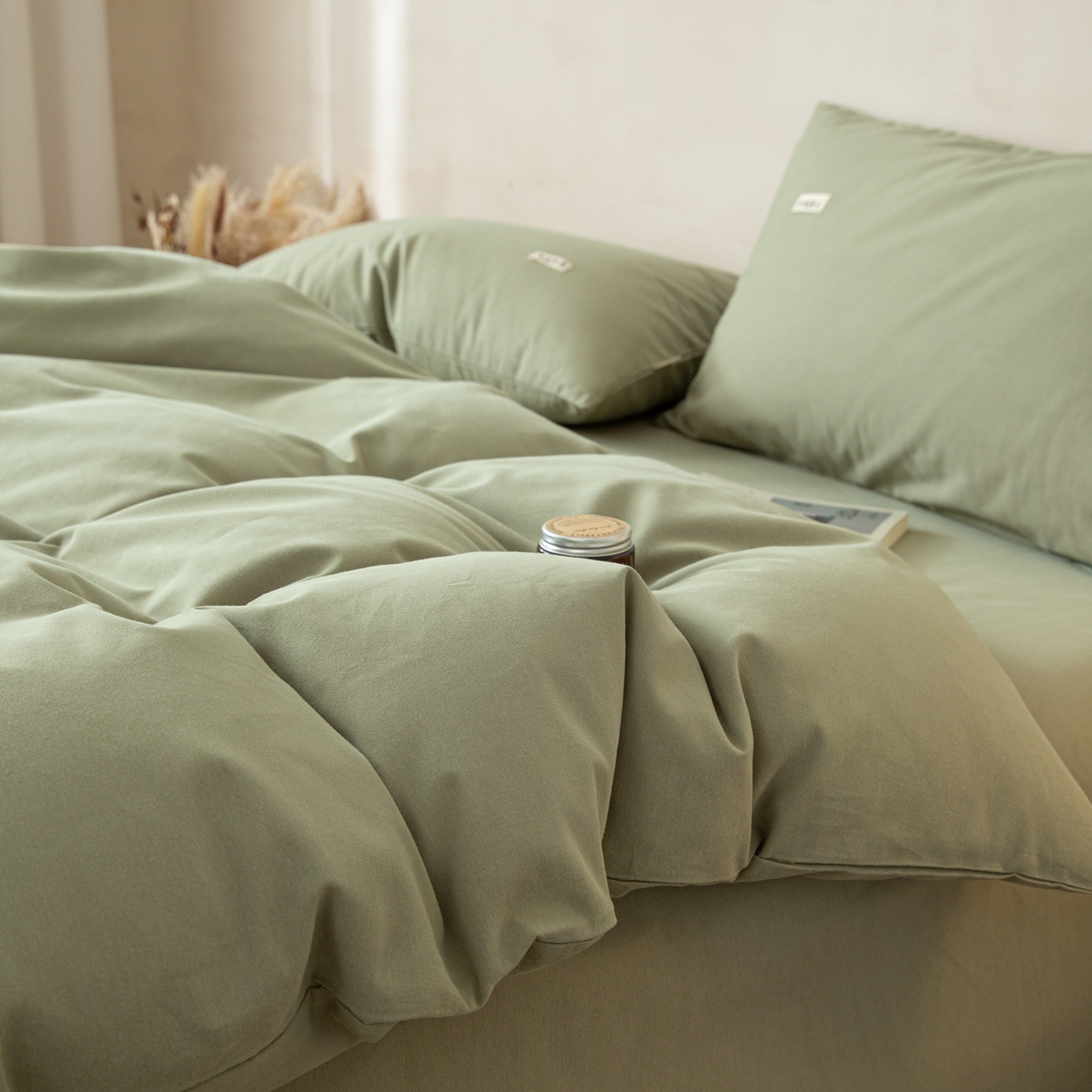 91家纺网 家纺一手货源 找家纺 眠博士 2026新款A类纯色全棉磨毛四件套-陶瓷 套件-陶瓷草绿