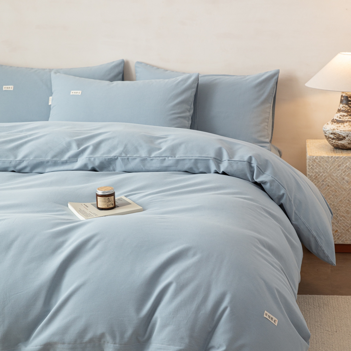91家纺网 家纺一手货源 找家纺 眠博士 2026新款A类纯色全棉磨毛四件套-陶瓷 套件-陶瓷浅蓝