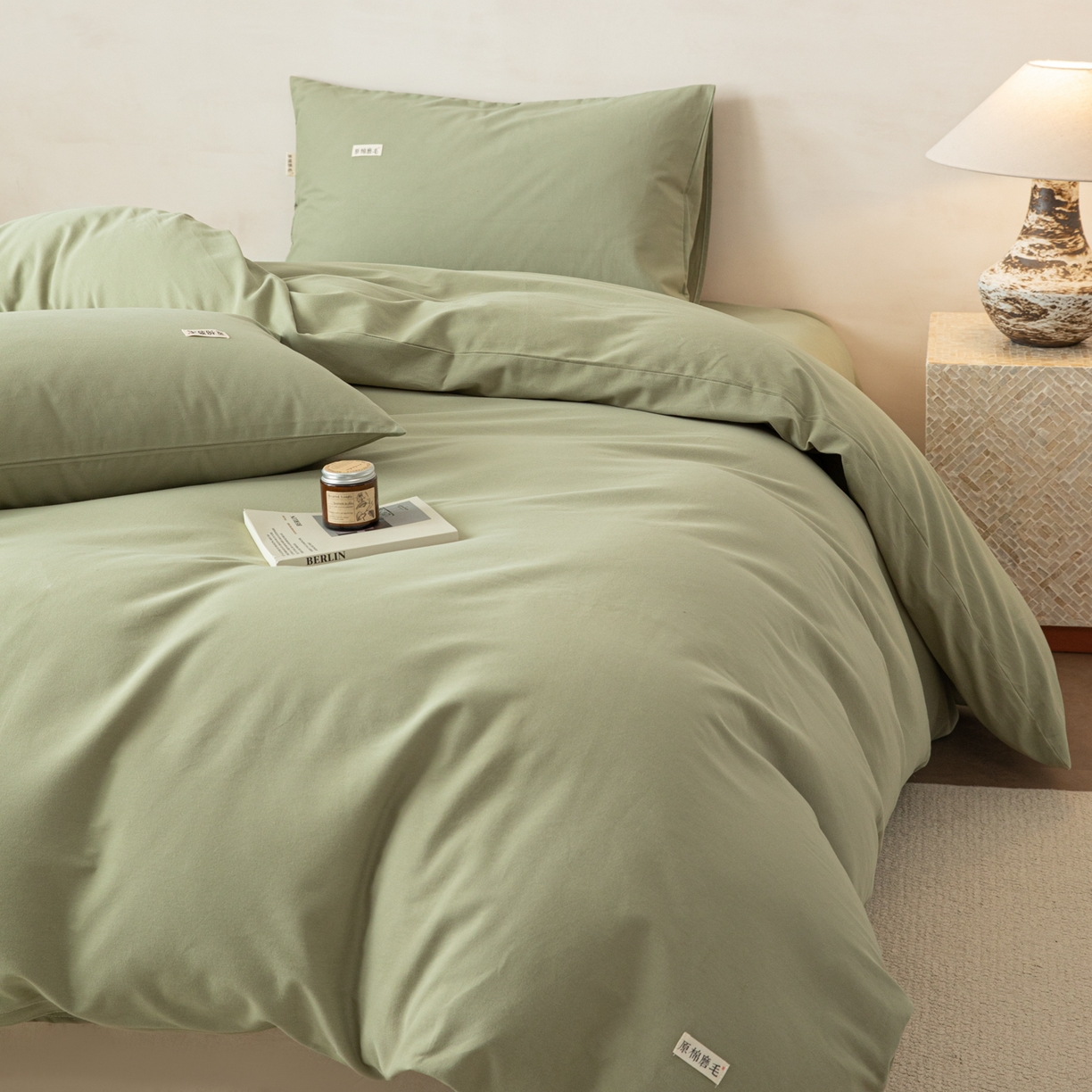 91家纺网 家纺一手货源 找家纺 眠博士 2026新款A类纯色全棉磨毛四件套-陶瓷 套件-陶瓷草绿