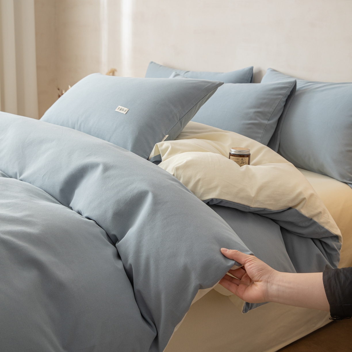 91家纺网 家纺一手货源 找家纺 眠博士 2026新款A类纯色全棉磨毛四件套-陶瓷 套件-陶瓷浅蓝+奶白