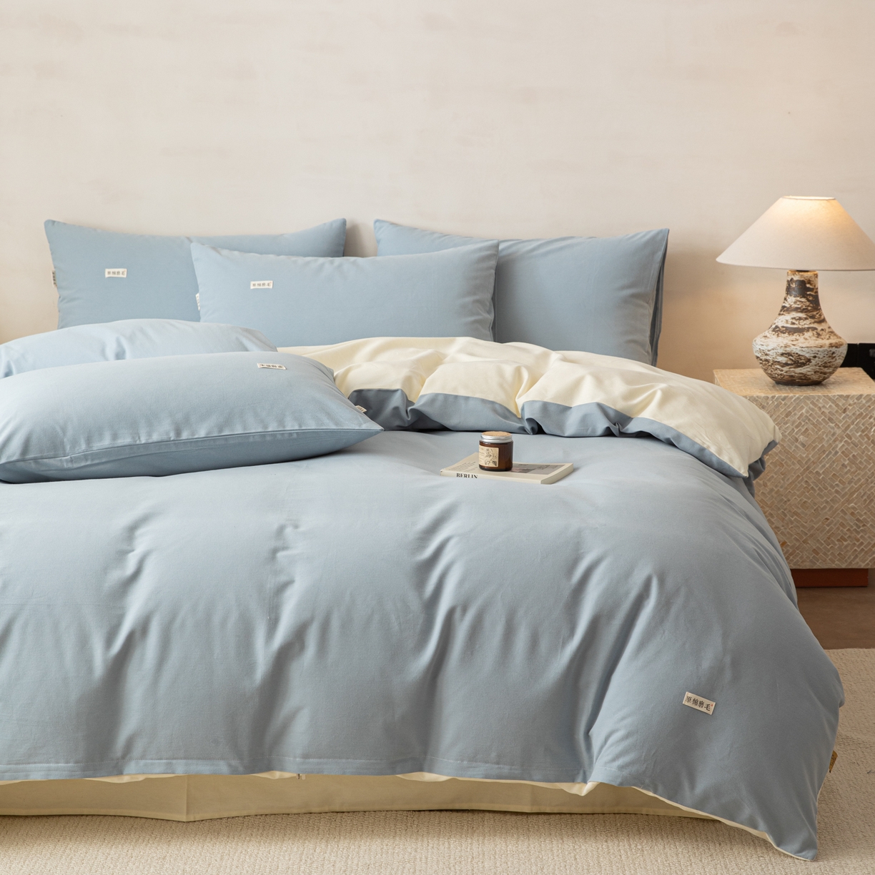 91家纺网 家纺一手货源 找家纺 眠博士 2026新款A类纯色全棉磨毛四件套-陶瓷 套件-陶瓷浅蓝+奶白