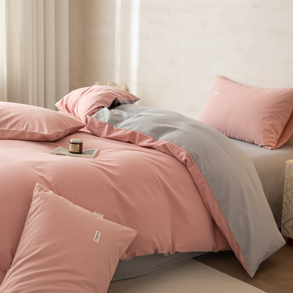 91家纺网 家纺一手货源 找家纺 眠博士 2026新款A类纯色全棉磨毛四件套-陶瓷 套件-陶瓷豆沙+浅灰