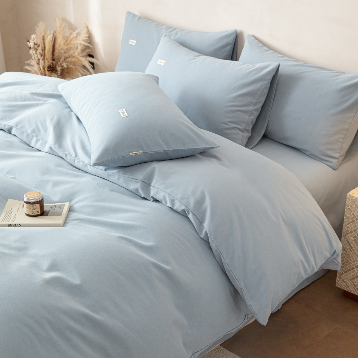 91家纺网 家纺一手货源 找家纺 眠博士 2026新款A类纯色全棉磨毛四件套-陶瓷 套件-陶瓷浅蓝