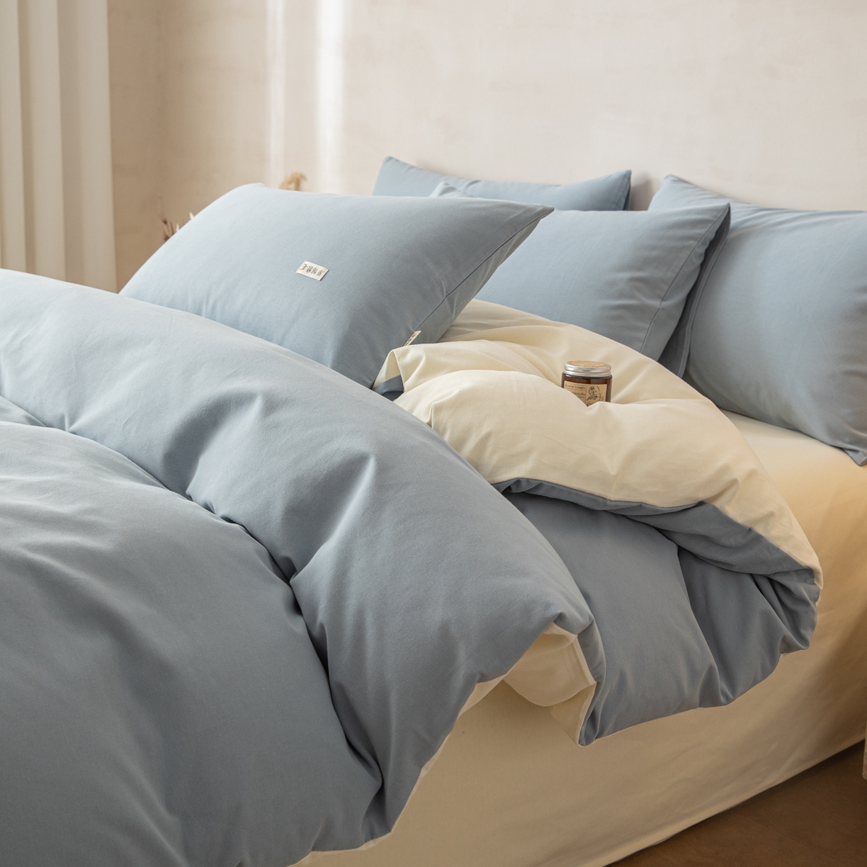眠博士 2026新款A类纯色全棉磨毛四件套-陶瓷 套件-陶瓷浅蓝+奶白