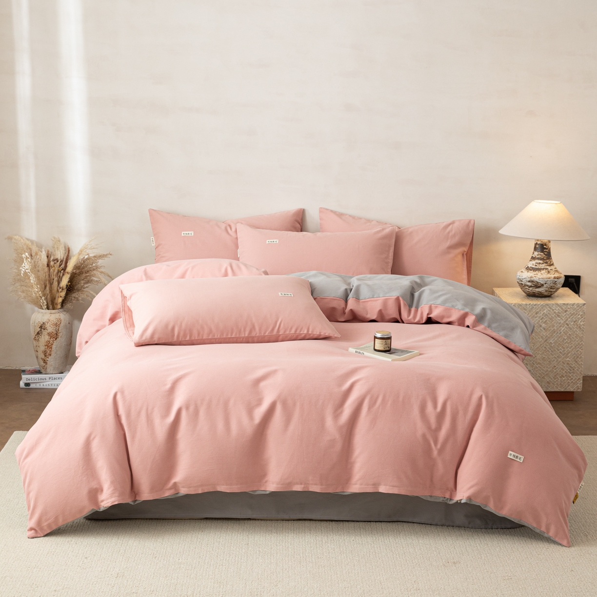 91家纺网 家纺一手货源 找家纺 眠博士 2026新款A类纯色全棉磨毛四件套-陶瓷 套件-陶瓷豆沙+浅灰