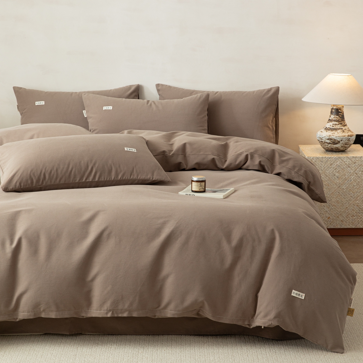 91家纺网 家纺一手货源 找家纺 眠博士 2026新款A类纯色全棉磨毛四件套-陶瓷 套件-陶瓷咖